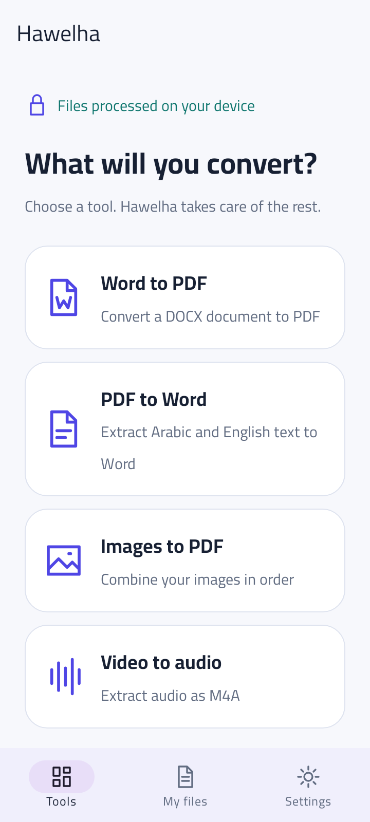 Hawelha English interface showing Word, PDF, image and audio tools